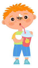 Boy drinking sweet juice or soda with straw. Funny cartoon character