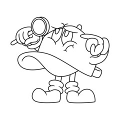 Coloring illustration of cartoon hat holding a magnifying glass