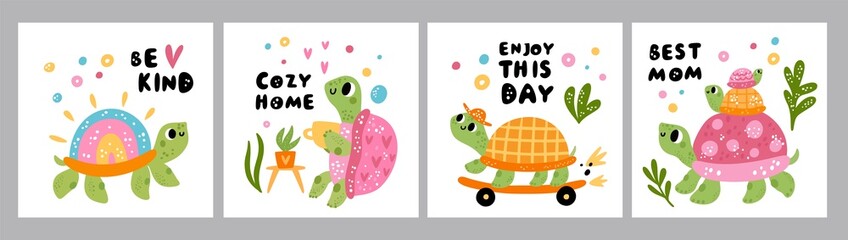 Cartoon turtle cards. Cute animals characters. Reptiles riding skateboard or drinking tea. Mom and kids. Rainbow shell. Cozy teatime. Greeting postcard with lettering. Vector tortoises set