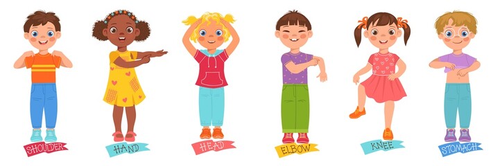 Children pointing body parts. Little boys or girls show hand, leg and tummy. Cartoon kids characters demonstrate heads and stomachs. Educational anatomy. Vector learning vocabulary set
