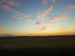 Fototapeta na wymiar Blue and yellow sky. Sunset in the green fields.