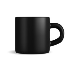 Black mug. Isolated vector coffee cup mockup template. Ceramic tea mug with handle for corporate branding, logo design. Matt glass blank, front preview. Giveaways merchandise porcelain