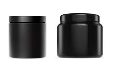 Black plastic protein bottle. Vitamin supplement jar design mock up. Bodybuilding nutrition packaging, muscle energy diet container blank. Sport can design, shaker drink, food