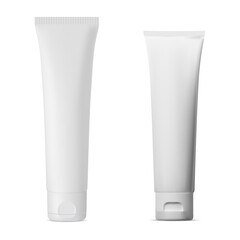 White cosmetic cream tube vector blank. Isolated toothpaste container template. Cosmetic product packaging for gel, scrub, ointment. Tall flexible pack set, 3d design bottle