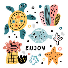 Enjoy card with underwater fauna. Cute marine animals design