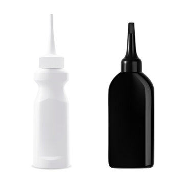 Dye Hair Bottle Set. Hair Color Product Packaging. Salon Coloring Cosmetic Container Isolated On White Background. Realistic Hair Dyeing Treatment Collection, Dropper Vial, Plastic Pack