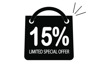 15 percent discount, store bag 15% off promotion sale banner black.