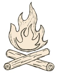 Rough hatching vintage drawing of the burning firewood. Simple flat brown freehand vector doodle isolated on transparent background