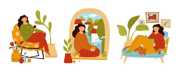 Relaxing girl. Lazy weekend. Cozy interior atmosphere. Calm home hobbies. Reading book. Tea time. Woman sitting on window. Leisure and procrastination. Vector people hygge activities set