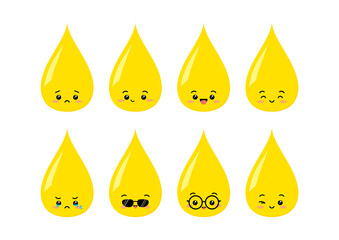 Urine pee drop cartoon character vector icon. Cute happy smiling sad wink and with eyeglasses urine, vitamin, oil drop illustration isolated on white background. Kawaii emoji mascot droplet set