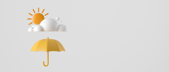 3d cartoon morning sun and clouds with yellow umbrella on clear sky background. concept for banner, cover, greeting card, brochure. 3d rendering illustration