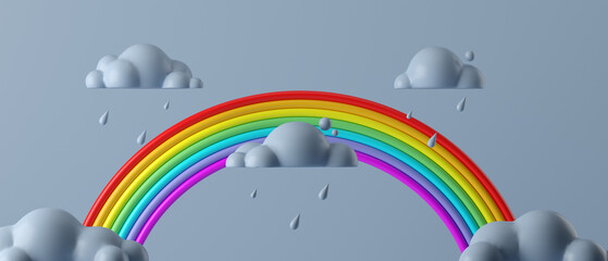 Fototapeta premium 3d cartoon rainbow arch of colors in the sky on blue background. concept for banner, cover, greeting card, brochure. 3d rendering illustration