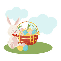 Bunnies Character. Sitting on grass and Laughing Funny, Happy Easter Rabbits.