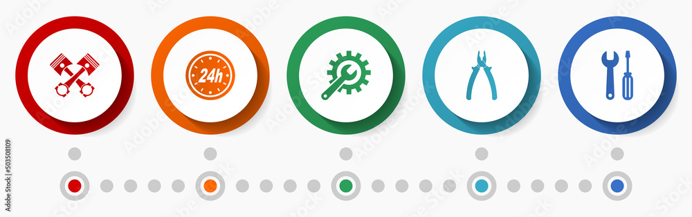 Aufkleber workshop, car service concept vector icon set, modern design infographic template, technology colorf
