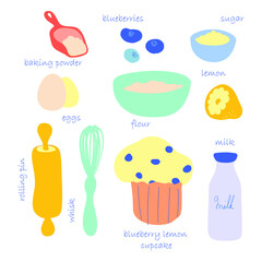 Lemon blueberry cupcake recipe vector pattern. Ingredients list. Cookbook design.
