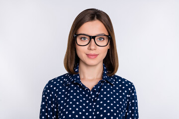 Portrait of attractive content skilled experienced brown-haired girl expert isolated over gray pastel color background