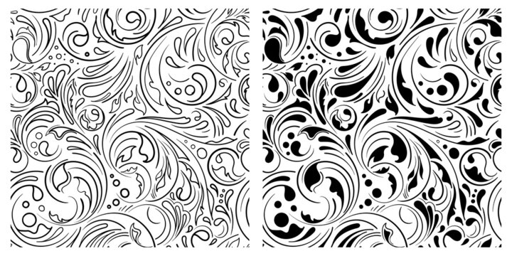 Set of two elegant seamless background in Art Deco style. Ornamental decorative monochrome pattern. Perfect for wallpapers, textile, wrapping paper, for design invitation, greetings, postcards.