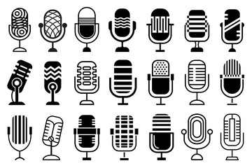 Microphone icon set. Collection of abstract microphone concepts, for logo, icon, symbol design projects. Black and white flat and outline icon designs.