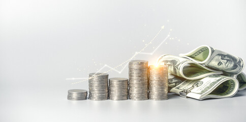 Economy or business management concept. Stock funding or money saving graph with coins. Chart for financial investment.