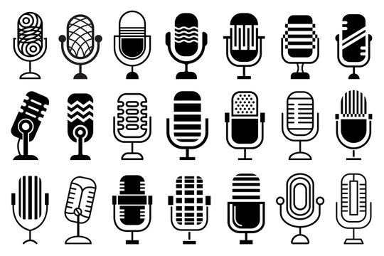Microphone icon set. Collection of abstract microphone concepts, for logo, icon, symbol design projects. Black and white flat and outline icon designs.