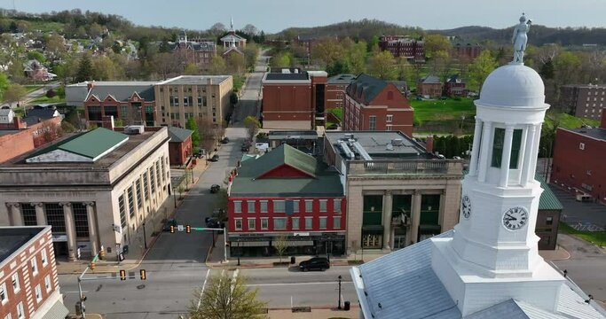 Old town in USA. Aerial of statue on government courthouse building. Pittsburgh suburb in western Pennsylvania USA.