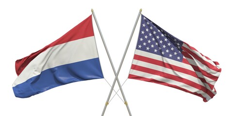 Flags of the USA and Netherlands on white background. 3D rendering