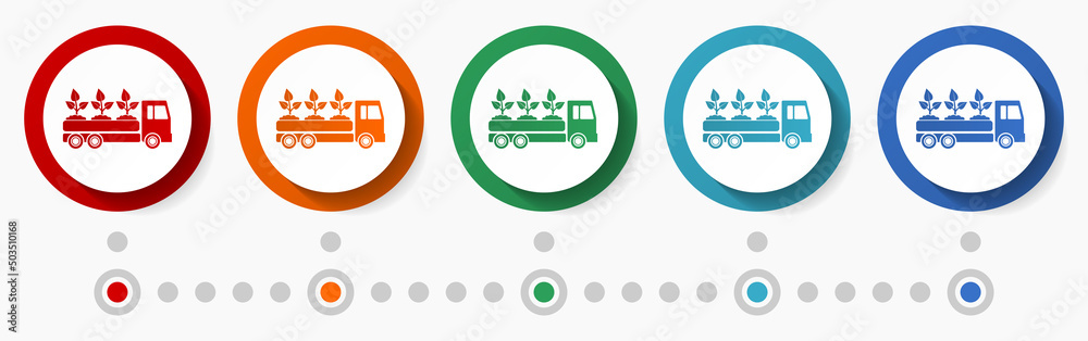 Aufkleber truck, garden tranport concept vector icon set, infographic template, flat design colorful web butto