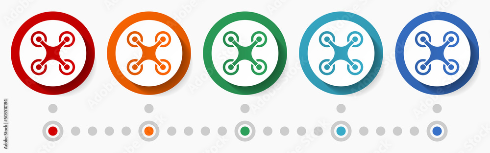 Aufkleber Drone concept vector icon set, infographic template, flat design colorful web buttons in 5 color options