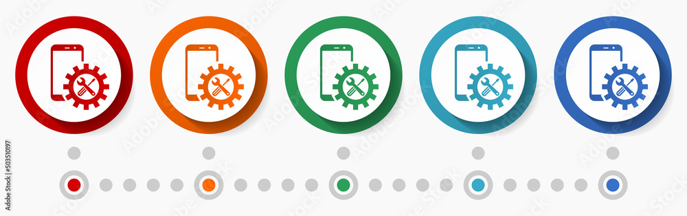 Poster Mobile phone service concept vector icon set, infographic template, flat design circle colorful web buttons in 5 color options