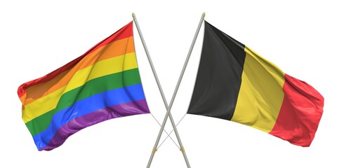 Flags of Belgium and LGBTQ on white background. 3D rendering