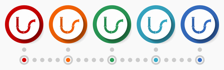 Pipe, tube service concept vector icon set, infographic template, flat design colorful web buttons in 5 color options