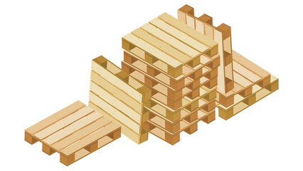 Stack of isometric pallets for warehouse packaging and transportation isolated on white background.