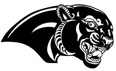 Head of a roaring panther. Aggressive black leopard. Tattoo, emblem, logo. Black and white isolated vector illustration