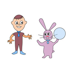 Boy and a pink bunny with a transparent blue balloon. Children's illustration of a man and an animal on a white background.