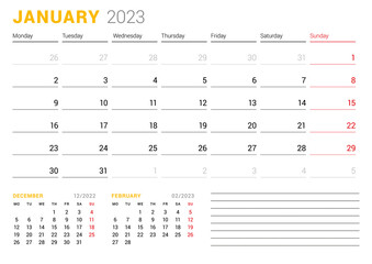 Calendar template for January 2023. Business monthly planner. Stationery design. Week starts on Monday.