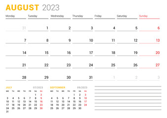 Calendar template for August 2023. Business monthly planner. Stationery design. Week starts on Monday.