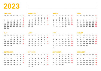 Calendar template for 2023 year. Business monthly planner. Stationery design. Week starts on Monday.