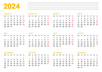 Calendar template for 2024 year. Business monthly planner. Stationery design. Week starts on Monday.