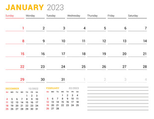 Calendar template for January 2023. Business monthly planner. Stationery design. Week starts on Sunday.