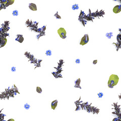Repeatable pattern made with real flowers and plants on white background