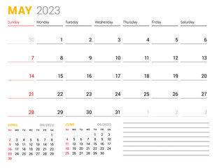 Calendar template for May 2023. Business monthly planner. Stationery design. Week starts on Sunday.