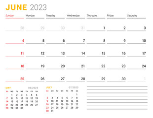 Calendar template for June 2023. Business monthly planner. Stationery design. Week starts on Sunday.