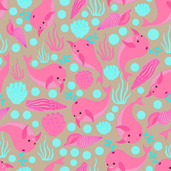 Summer colourful baby pattern, pink little whales, beige background. Seamless pattern, kawaii, vector.