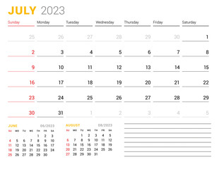 Calendar template for July 2023. Business monthly planner. Stationery design. Week starts on Sunday.