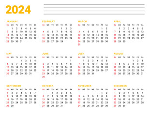 Calendar template for 2024 year. Business monthly planner. Stationery design. Week starts on Sunday.