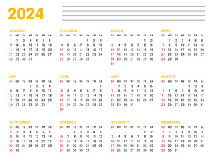 Calendar template for 2024 year. Business monthly planner. Stationery design. Week starts on Sunday.