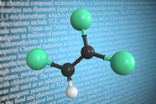 Molecular model of trichloroethylene, 3D rendering