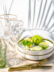 Preparing beverages for summer tropical event. Setting for day time party with tableware, wine glasses. Background with hard light and palm leaves shadows.