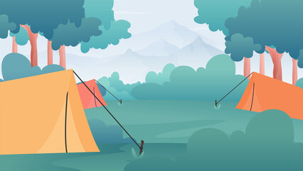 Vector illustration of camping. Traveling with a tent in the middle of the forest.