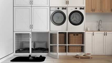 Architect interior designer concept: hand-drawn draft unfinished project that becomes real, pet friendly mudroom, laundry room with appliances, dog bed with gate inside furniture